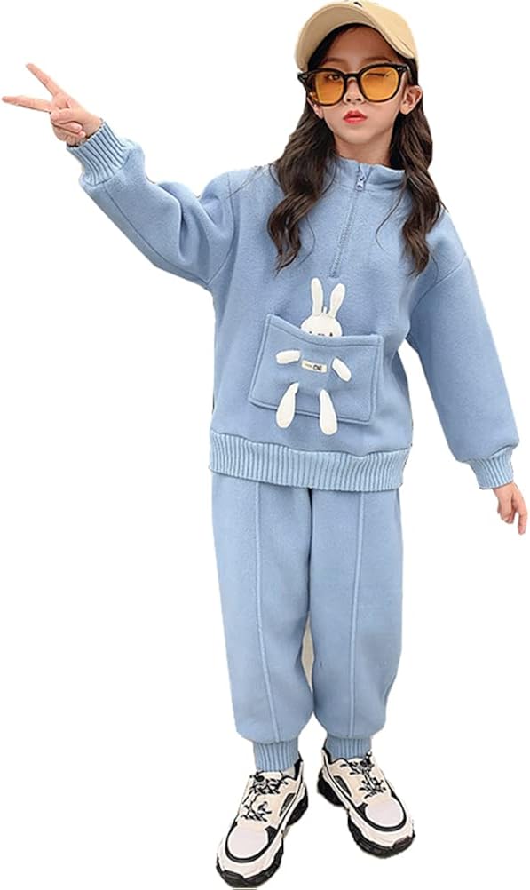 Jinzuomaガールズ 女の子 子供服 ジャージ 上下セット スウェットシャツ ロングパンツ プルオーバー トップス ズボン 春秋 カジュアル ファッション 可愛い ポケットウサギ 暖かい 防寒 保温 通学 日常服 人気メーカー ブランド