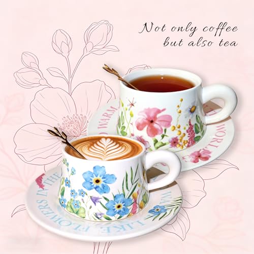 HBLEDOT Tea Cup Set with 2 Cups & Saucers, 9.5 OZ Espresso Coffee Mugs - image 4