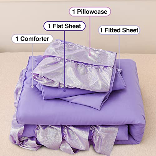 A Nice Night 4 Piece Glitter Flutter Toddler Bedding Set With Bling Shiny Ruffled Textured For Girls Bed Comforter Sheet Set,Purple #TOP5