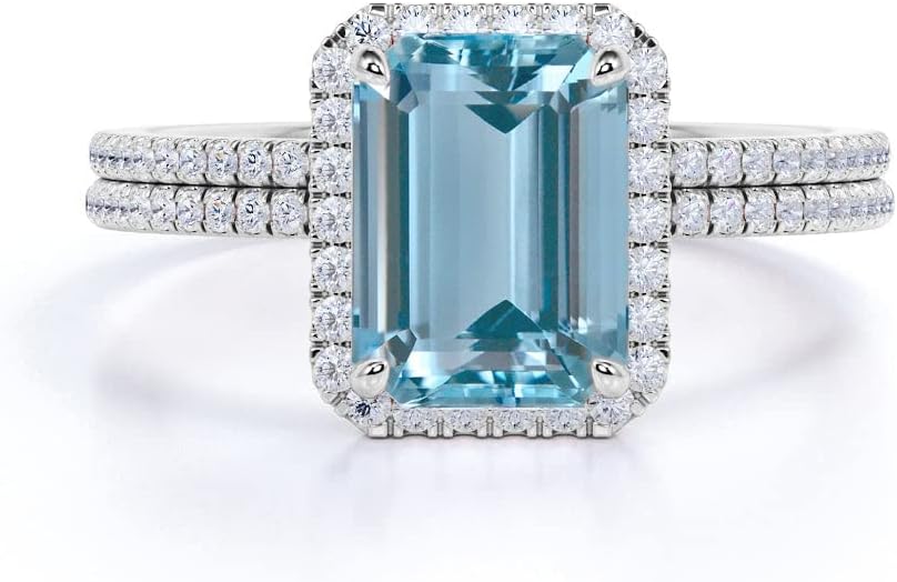 10K 14K 18K Gold Aquamarine Diamond Engagement Rings for Women,Created Aquamarine Rings with Diamonds Gift for Her (I2-I3 Clarity)