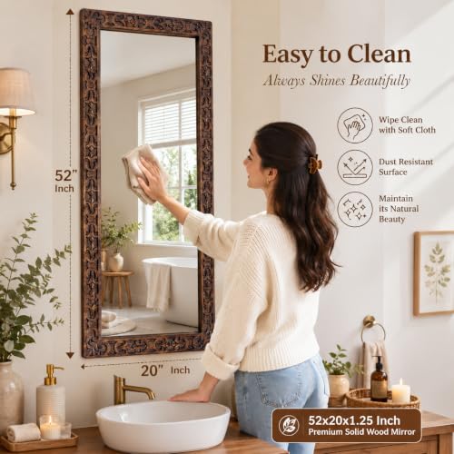 Image of Wooden Bathroom Wall Mirror,Solid Wood Frame,52x20x1.25 Burnt Brown | Farmhouse Decorative Wall Mirror for Bathroom, Bedroom, Living Room & Entryway, Vertical /Horizontal Hanging