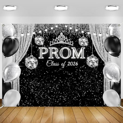 75Ft Prom Decorations 2026 Backdrop Silver Glitter Prom Class of 2026 Backdrops for Photoshoot Neon Light Ball Prom Send Off Graduation Banner for Party 8460inch