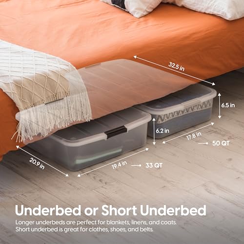 Image of IRIS USA 50 Qt Plastic Under Bed Storage Organizer Bin Container with Secure Lids and Durable Buckles, Multi-Purpose for Seasonal Holiday Items Bedding Clothes Shoes, Long, Clear