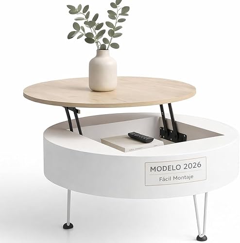 Mesa Centro Elevable Redonda Blanca 75cm con Almacenaje Oculto y Diseño Nórdico para Salón Pequeño