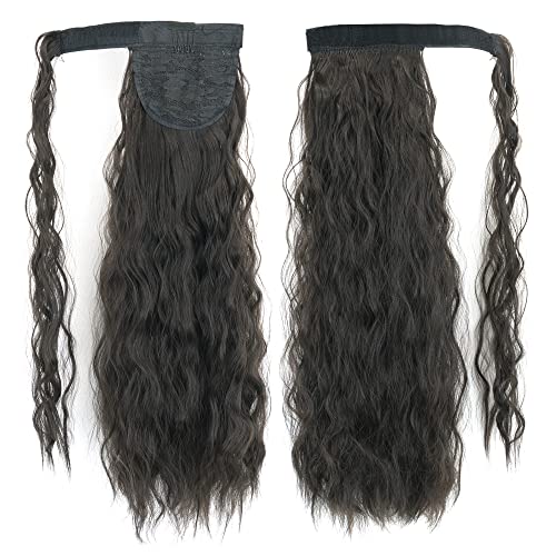 IMISSU Long Kinky Curly Wrap Around Ponytail Extension Synthetic Hair Extensions Clip in Hairpiece (Dark Brown)