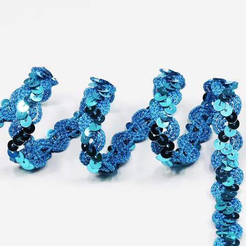 12 Yards，Wide 0.59 Inch Blue Sequin Ribbon Trim for DIY Sewing Dress Dance Costumes，Headband (Blue)