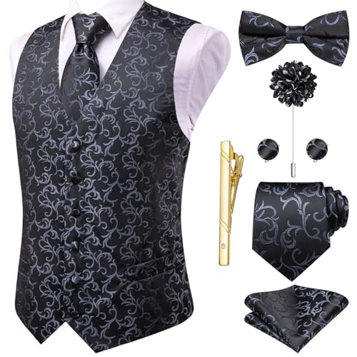 Hi-Tie Black and Gray Jacquard Silk Suit Vests Tie Bowtie