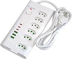 Filtro de Linha Multi 12 EM 1, Régua de Energia, Extensão Eletrica, Com 6 Tomadas de 10A e 20A, 6 Portas USB, USB Tipo C, Bivolt 110-250V, Potência de 2500W (Branco) - Tomada Tripolar Cabo de 2 metros