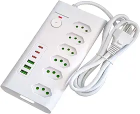 Filtro de Linha Multi 12 EM 1, Régua de Energia, Extensão Eletrica, Com 6 Tomadas de 10A e 20A, 6 Portas USB, USB Tipo C, Bivolt 110-250V, Potência de 2500W (Branco) - Tomada Tripolar Cabo de 2 metros