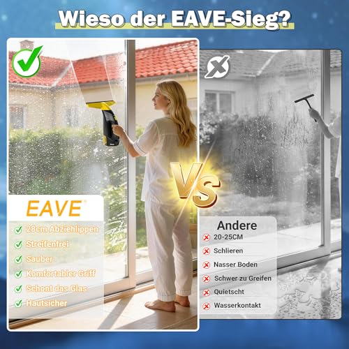 EAVE Fenstersauger Set, Akku Fenstersauger mit 45 Minuten Akkulaufzeit, Fensterreiniger Elektrisch mit 28cm Saugdüse & 200ml Wassertank, Geeignet für Fenster, Fliesen und Spiegel (grün)