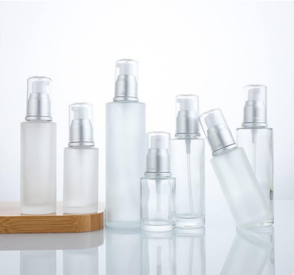 3PCS 30ml/1oz Empty Refillable Clear Frosted Glass Cosmetic Lotion Bottle Travel Toiletries Container Pump Dispenser Vials Pot Jars for Cream Foundation Emulsion Essencial Oil (Pack of 2)