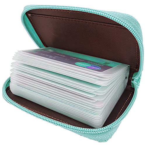 Image of Easyoulife Genuine Leather Credit Card Holder Zipper Wallet With 26 Card Slots, Glitter Teal, Medium, Rfid Wallet
