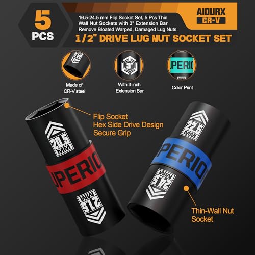Image of 1 /2 inch Drive Lug Nut Socket Set, 16.5-24.5 mm Flip Socket Set, 5 Pcs Thin Wall Nut Sockets with 3 inch Extension Bar, Remove Bloated Warped, Damaged Lug Nuts