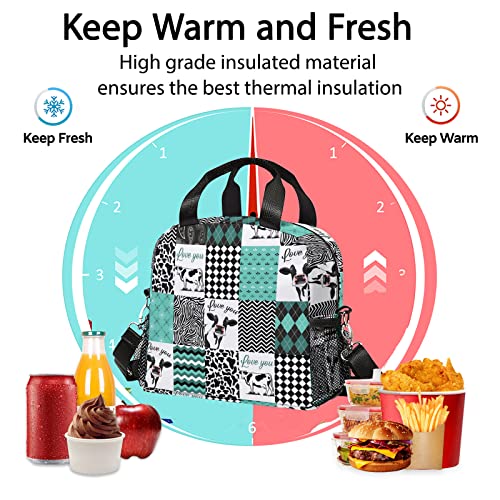 Vielegeld Cows Plaid Lunch Bag, Reusable Lunch Box Insulated Meal Tote For Kids Women Men Cooler Bag With Shoulder Strap, Durable Lunch Tote For Work School Picnic, Cows Plaid #TOP3