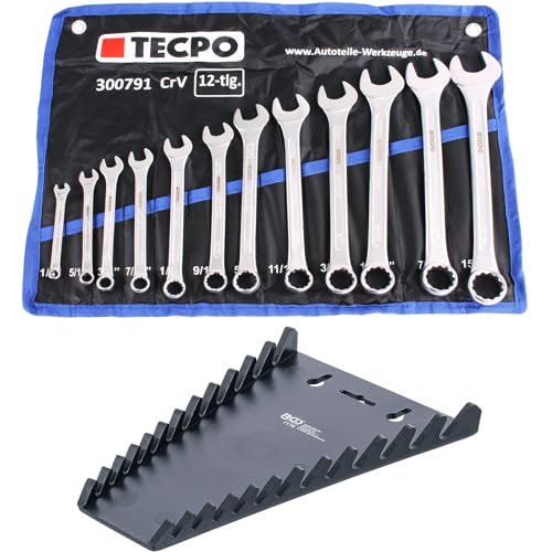 TECPO Juego de llaves combinadas de 12 piezas en pulgadas con soporte de pared
