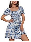 Verdusa Women's Floral Puff Short Sleeve Ruched A Line Dress V Neck Ruffle Mini Short Dresses Blue and White Medium