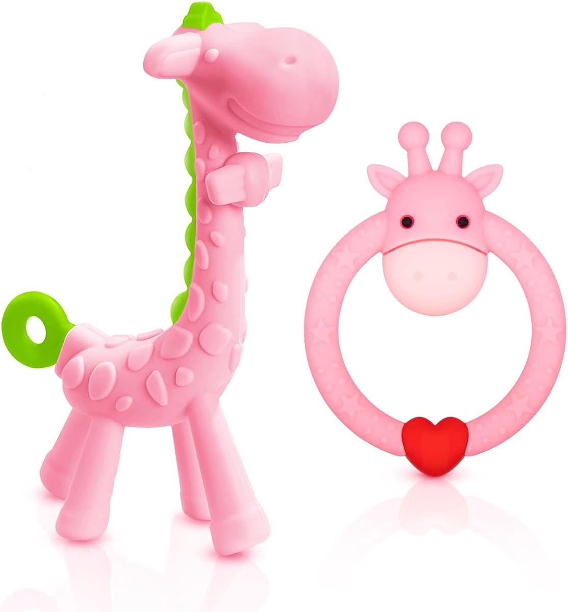 SHARE&CARE Juguete mordedor de jirafa de silicona sin BPA con estuche de almacenamiento, para 3 meses por encima del dolor de encías infantiles, alivio del dolor y baby shower, juguetes para la dentición del bebé (rosa)