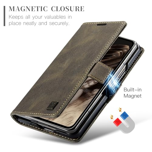 EYZUTAK Wallet Case for Google Pixel Fold, Retro Matte Premium Protective Leather Case 1 Card & 1 Cash Slot with RFID Blocking View Stand Magnetic Closure TPU Shell Flip Cover - Coffee - Image 2