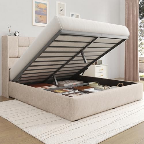 UHTN Queen Bed Frame with Hydraulic Gas Lift Up Storage, Linen Upholstered