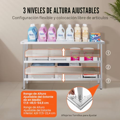 Miniatura 7 de Vevor Mesa De Preparación De Alimentos 356x1524x864 Mm Trabajo De Cocina Comercial Acero Inoxidable 2 Estantes Inferiores Ajustables Parrilla, Cocina, Hogar