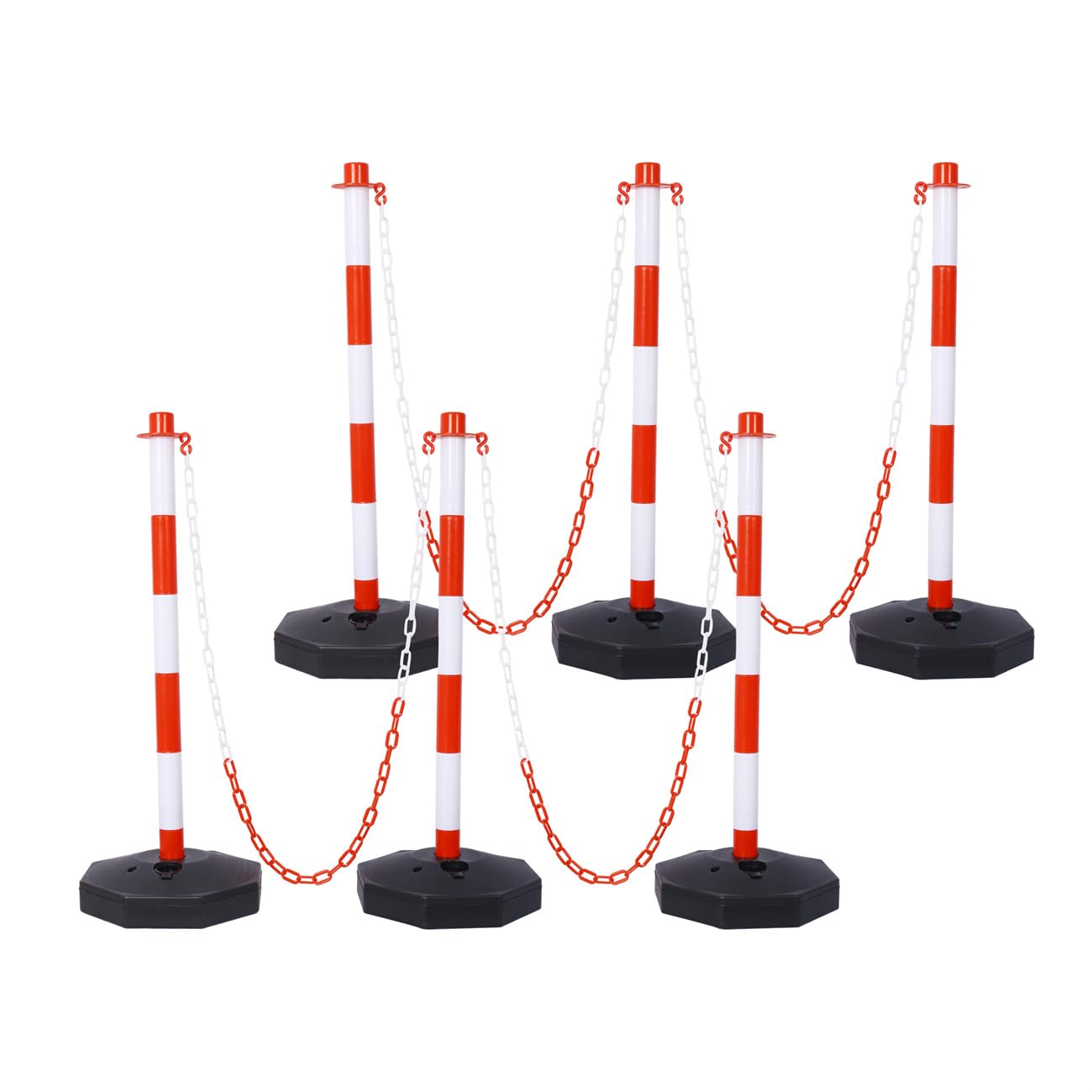Traffic Delineator Post Cones with Fillable Base, Adjustable Plastic Safety Barrier with 5Ft Plastic Chain, Suitable for Use in Parking Lots, Building Areas, Garages, and Hotels (6, Red, 32.7)