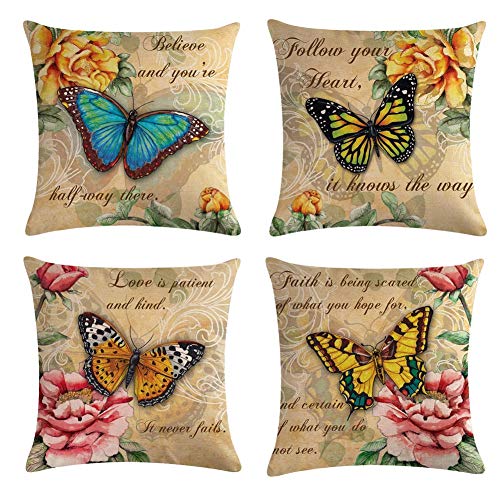 Homyall Flower Butterfly Decorative Pillow Covers Cotton Linen Spring Throw Pillow Covers Set of 4 Square Farmhouse Cushion Covers 18x18 inch, 4 Packs (Flower Butterfly)