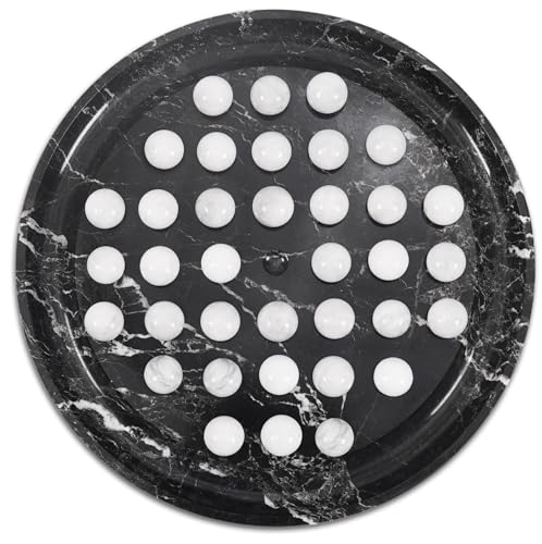 Marble Peg Solitaire Board Game 10 Handmade Black Board with 42 White Marble Balls, Classic One-Player Brain Teaser Puzzle & Coffee Table Décor, for Family Only