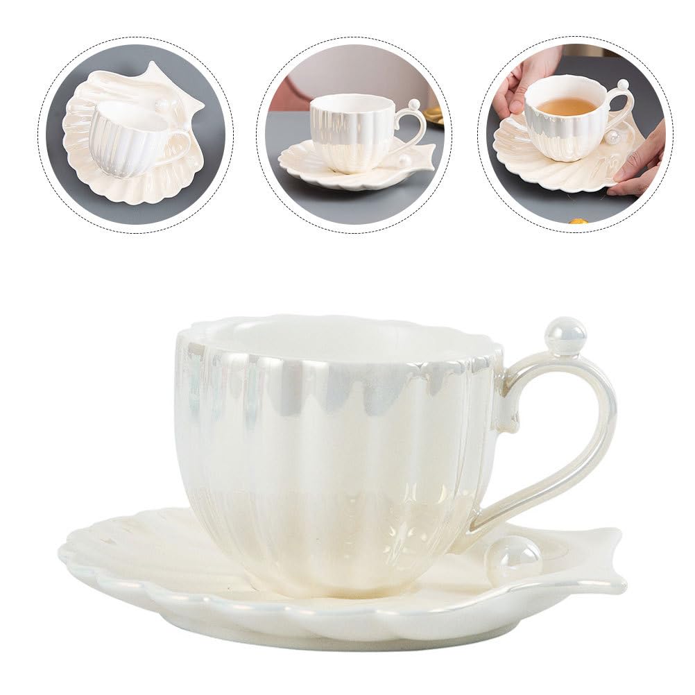 DOITOOL Kaffeebecher Mit Untertasse Aus Keramik Weiße Perlmutt Tasse Für Kaffee Und Tee 4 Zoll Espressotasse Mit Stabilem Design Für Haushalt Und Büro