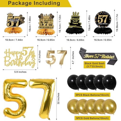Image of 57th Birthday Decorations for Men, Black Gold 57th Party Decoration Kits | 27pcs Happy 57th Birthday Set, Banner, Honeycomb, Balloons, Gold Number, Candle, Hanging Swirls, Cake Topper, Party Supplies