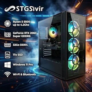 STGSivir PC Gaming Fisso, Computer Gaming, Ryzen 5 5500 fino a 4.2GHz，GeForce RTX 2060 Super 8GB，32GB DDR4 RAM，1TB SSD，WIFI 6, BT 5.0，ventole RGB x3 Windows11 Pro