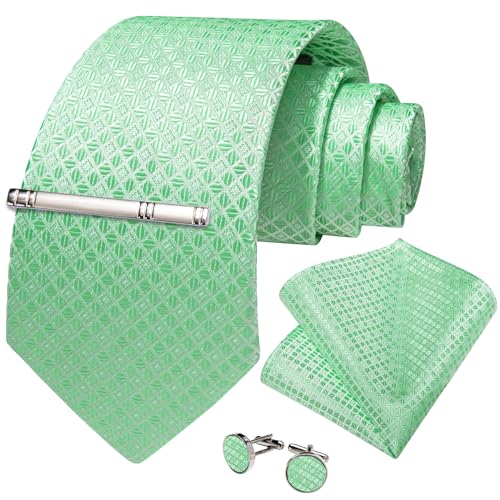 Image of DiBanGu Mens Silk Plaid Tie and Pocket Square Set | Elegant Silk Formal Tie Set, Woven Check Necktie and Cufflinks Tie Clip Set, Perfect for Wedding Party, Comes in Gift Box