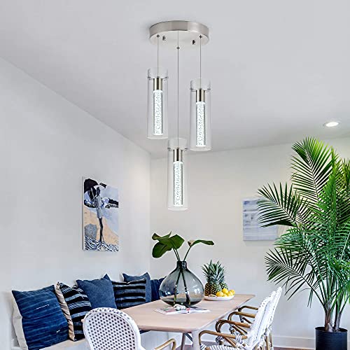 Image of Kitchen Lighting Pendant Fixtures 3-Light LED Pendant Ceiling Fixture Brushed Nickel Bubble Cylinder Pendant Light with Adjustable Length for Kitchen Island Dinning Room Bedroom