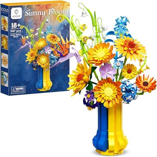 Soolio Sunflower Bouquet Building Set for Adults with Vase, Valentines Creative Gift for Women Mom Girlfriends Teens, Buildable Artificial Botanical Flower for Home Office Décor (1147 PCS)