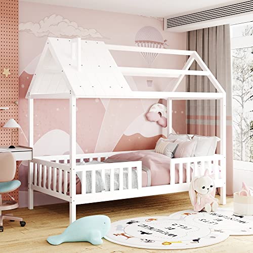 Twin Size House Bed, Wood Low Platform Bed with Fence, Montessori Bed with Roof, Playhouse Design Bed Frame with Solid Wood Slats Support for Child Teens Boys and Girls, No Box Spring Needed, White