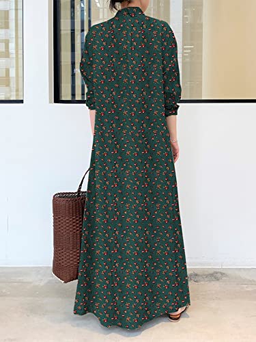 Zanzea Women's Bohemian Floral Print Slim Dress Summer Vintage Loose Plus Size Cotton Linen Turn-Down-Collar Neck Long Dress Casual Short Sleeve Maxi Dresses 03-Green Small #TOP3