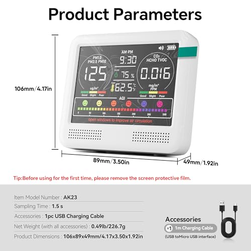 16-in-1 Indoor Air Quality Monitor, Formaldehyde Detector with Beep Alarm, AQI | PM1.0 | PM2.5 | PM10 | CO2 |Temp | HUM | VOC | Time, Portable Air Quality Tester for Home, Office (Bright White)