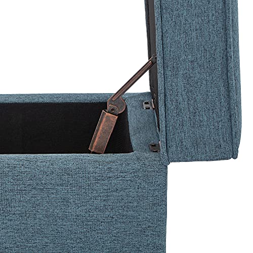 Adeco 17" Square Ottoman with Storage- Small Storage Ottoman Foot Rest with Hinged Lid- Blue Faux Linen Fabric Upholstered Footstool with Sturdy Wood Legs - Thumbnail 6