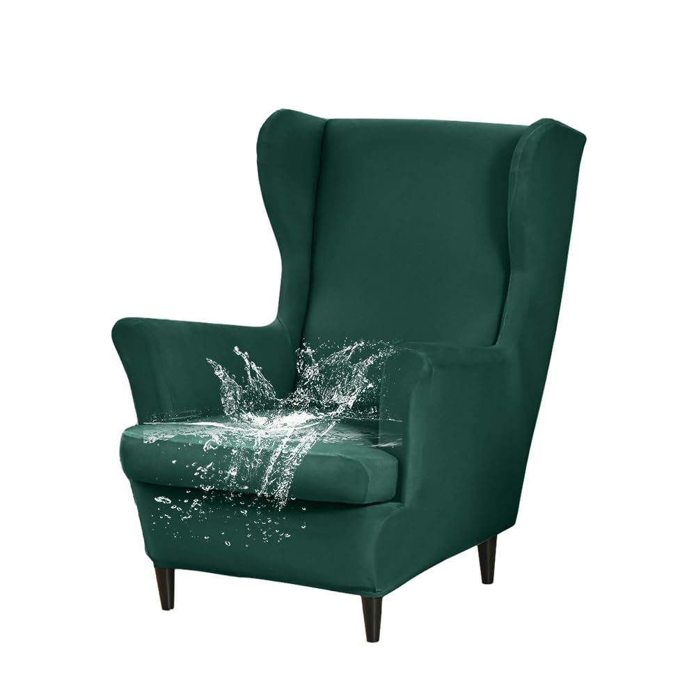 WJHDWYD Waterproof Wingback Chair Cover 2 Pieces Armchair Cover with T-Cushion Cover, Solid Color Stretch Armchair Cover, for Hotel Living Room Bedroom(Vert Foncé)