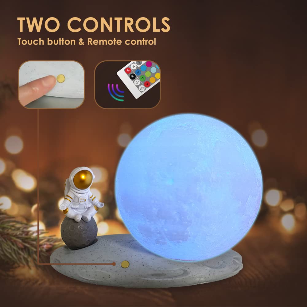 Lámpara de luna giratoria, luz de estado de ánimo impresa en 3D con astronauta giratoria para niños, luz nocturna LED de 5 pulgadas, 16 colores con control remoto y control de temporizador, 4