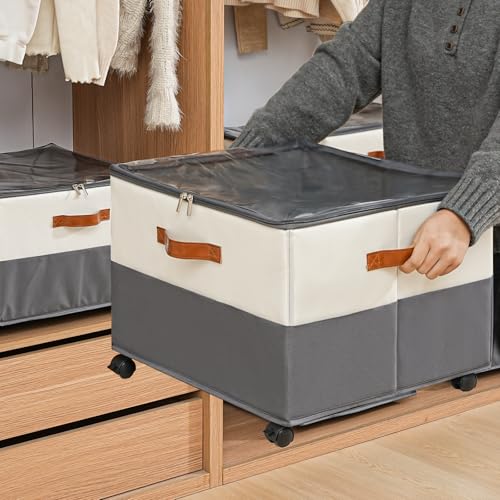 Image of INSTY 2 Pack Shoe Organizer for Closet,Shoe Storage Organizer with Wheels, Fits up to 32 Pairs,Adjustable Dividers,Fabric Shoe Storage Bins with Clear Cover,Beige and Grey