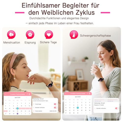 Smartwatch Damen mit EKG+HRV/BMI/Harnsäure/ΒΙυtｚυcker, Rund 1,43 AMOLED Gesundheitsuhr mit 24H ΒΙυtdrυck Schlafmonitor Menstruationszyklus Fitness Tracker iOS Android, Schwarzes Milanaise-Armband