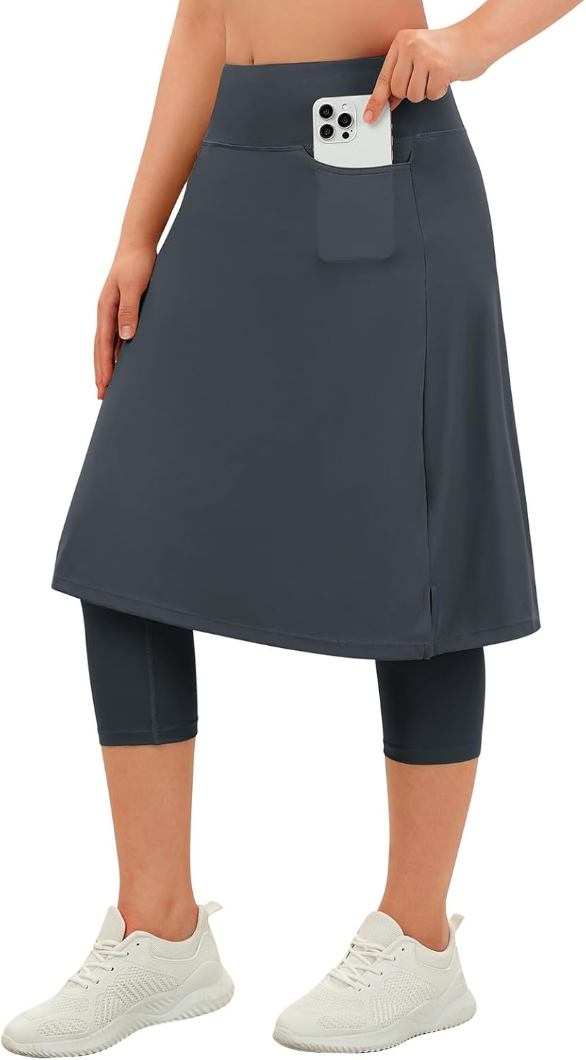 beroy Women Skirt with Leggings Tennis Knee Length Skorts High Waist Athletic Skirted Capris Pockets