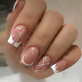 24 Stück Eckig Nägel Zum Aufkleben Kurz, Gold Glitzer French Künstliche Nägel, Ballerina Natural Kunstnägel Press on Nails mit Design, Square Fingernägel Fake Nails für Frauen und Mädchen Heimat DIY