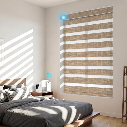 BERISSA Motorized Zebra Blinds with Remote,Smart Zebra Blinds for Indoor Windows with Voice,APP Control,Linen Rechargeable Electric Window Shades for Home,Office,JH-Brown,Custom Size