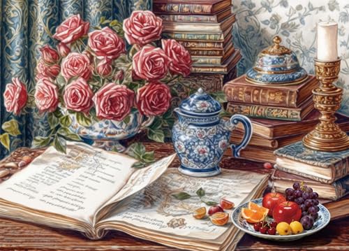 Bullglesup Jigsaw Puzzles for Adults 1000 Pieces, Books and Roses with Poster Interlock Perfectly Letter on Back No Dust, Home Decor Birthday Party Gift Toy for Men Women Elders Seniors (27.5"x19.6")