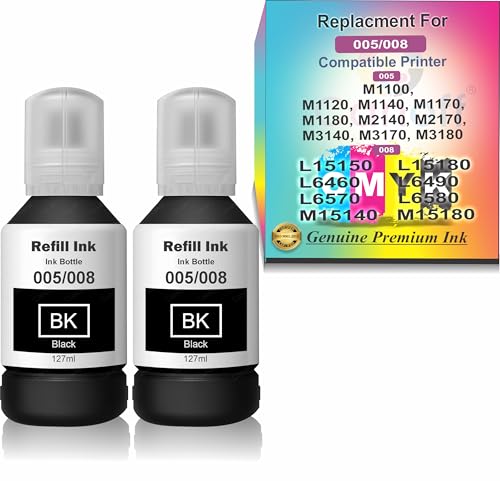 Image of CANOFF 127ml Black Refill Ink Bottle Compatible with 005 /008 Ink Tank M1100, M1120, M1140, M1170 L6460 /L6490 /L6550 /L6570 Printers | High Yield, Smudge-Free Printing (005 /008 Ink Black 2pc. x 127ml)
