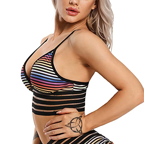 Fittoo Women's Medium Impact Padded Sports Camisole Bra Yoga Fitness Workout Tops Striped Print Rainbow M #TOP3