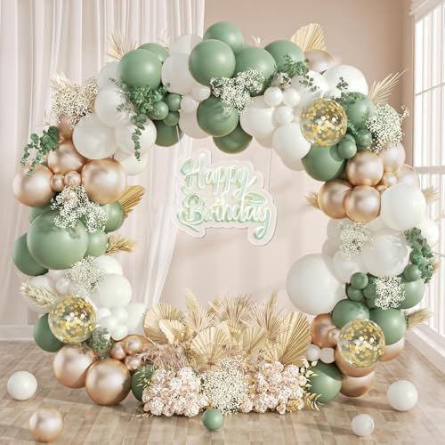 Sage Green Balloon Arch Kit, 113pcs Olive Balloon Garland with White Gold and Confetti Balloons, Green and Gold Balloons Party Decorations for Baby Shower, Birthday, Jungle Safari Party, Wedding