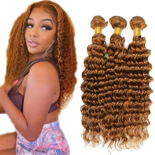 Deep Wave Human Hair Bundles Color #30 Light Brown Bundles Human Hair 18 20 22 Inch 3 Bundles Brown Bundles Unprocessed Virgin Weave Hair Extensions 150G Total