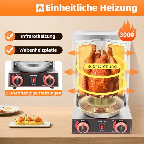 GCIUEMMH 2 Brenner Gas Edelstahl Gas Döner - 3KW Multigrill mit Zwei Heizrohre Edelstahl Gas Döner Kebab Maschine 360° Rotation Rotissiere Hähnchengrill 50°~300°C Temperatur Einstellbar Dönergrill – Bild 4